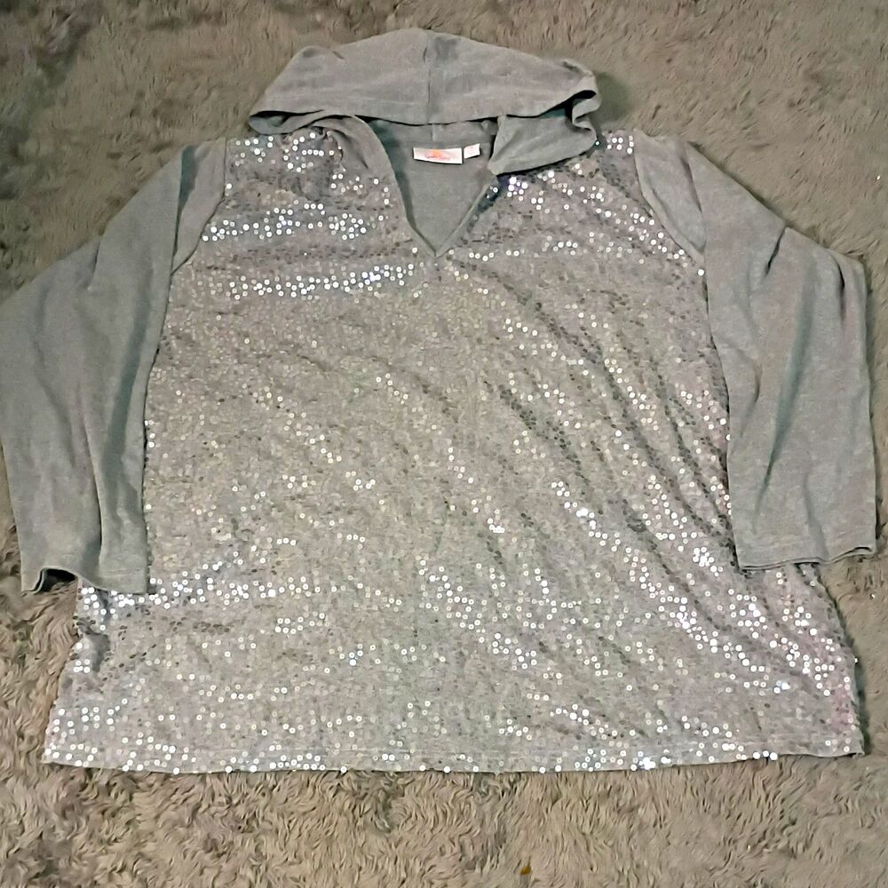 Quacker Factory Women's Plus 3X Gray Sequin Pullover Hoodie V-Neck 3/4 Sleeve